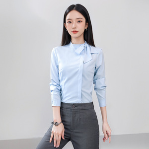 Bow <b>Tie</b> Long Sleeve Blouse Women Slim Fit Solid Color No Wrinkle Treatment Hotel Uniform Front Desk Cashier Shirt Blue White - Product Image 1