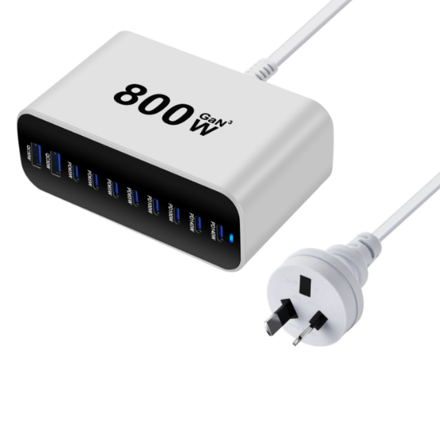 10-Port 800W PD 3.1 USB-C USB-A Fast Desktop Charging Dock Station GaN Charger Holder Mobile Phone Laptop PC Tablets