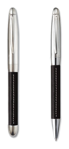 Black Leather Wrapped Rollerball Ballpoint <b>Pen</b> Set with <b>White</b> Stitching Polished Silver-Tone Metal Trim for Custom Logo Executi - Product Image 2