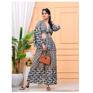 Conjunto de Dos Piezas Boho Estampado de Algodón Transpirable para Mujer, Talla Única, con Pantalones Acampanados y Blusa de Manga Campana (Corte A) - Product Image 1