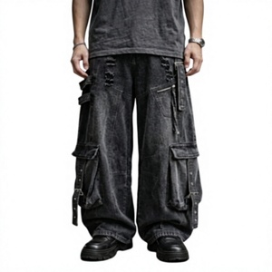 Jean baggy noir unisexe à jambe large, effet usé, style streetwear - Product Image 1