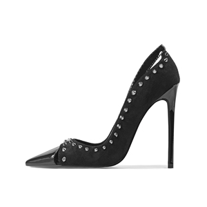Nouveau à la mode femmes bout pointu talons hauts PU et <span class=keywords><strong>Faux</strong></span> daim mixte découpe conception Rivet décor soirée pompes - Product Image 2