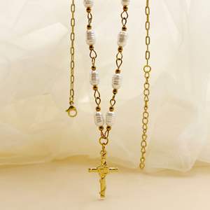 Yunan Vintage kişilik lüks çapraz kolye inci kolye Dainty paslanmaz çelik çapraz 14k altın kaplama armut uzun kolye - Product Image 3