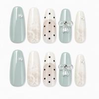 Faux ongles à presser forme cercueil, vert sauge Morandi délicat, à pois en dentelle, avec nœud transparent et perle, pour les rendez-vous et les sorties au café