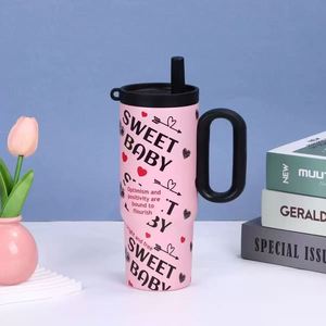 Insulated Travel Car <b>Macaron</b> Handle Tumbler 24oz 720ml Mug Lid Straw Anti-Slip Custom ODM OEM Pastel Tone - Product Image 2