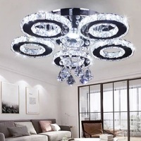 Plafonnier LED moderne à 5 anneaux en cristal, CRI 90 élevé, indice de protection IP33, lustre semi-encastré, base en acier inoxydable, salon, chambre à coucher