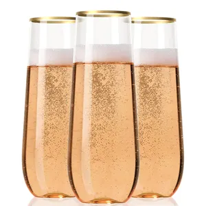 Plastic Stemless Champagne Flutes Disposable Unbreakable 9 Oz Toasting Glasses Gold Rim Reusable Clear Fancy