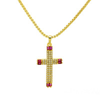 Nouveau produit en gros : Collier pendentif croix en cuivre plaqué or 18 carats avec zircone noire, verte, blanche et rouge, design personnalisé
