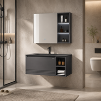 Meuble-lavabo de salle de bain modulaire minimaliste gris foncé de style européen avec rangement, miroir et vasque en céramique