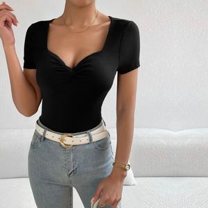 Camiseta <span class=keywords><strong>de</strong></span> Verano para Mujer, Cuello Corazón, Tejida, Transpirable, <span class=keywords><strong>de</strong></span> Color Sólido, Corte Ajustado, Elegante, <span class=keywords><strong>de</strong></span> Manga Corta - Product Image 6