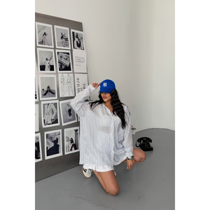 Camisa de Gasa con Rayas Brillantes Azules - Top Informal de Algodón para Mujer, Talla XL, con Decoración de Botones para Oficina o Uso Diario - Product Image 3