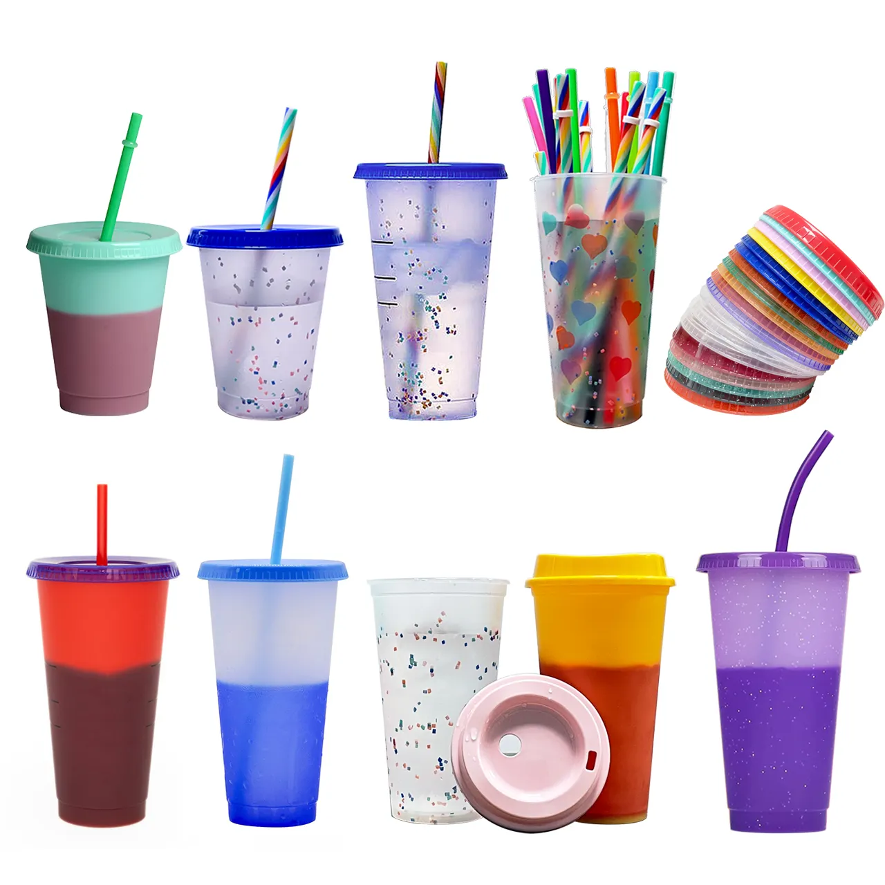 16oz 24oz Reusable BPA Free Custom Logo Clear Cold Coffee Mug Plastic confetti color colour changing cups Cups 24oz With Straw
