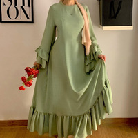 Abaya classique pour jeunes filles musulmanes en tissu de lin mélangé uni à deux couches avec poignets à volants et lien au dos