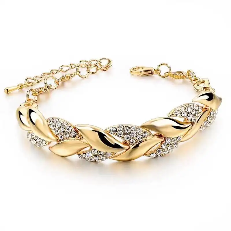 Gelang emas kepang perhiasan wanita, baru dengan batu gelang kristal mewah untuk pernikahan
