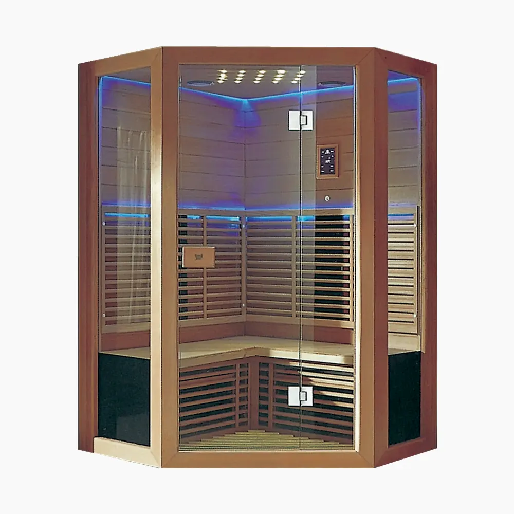 Sauna de vapor seco interior, cabina de baño de sauna de infrarrojos lejanos, puerta de cristal Hemlock sala de sauna de madera