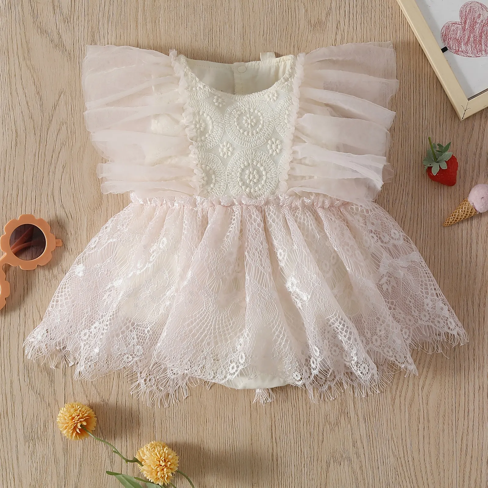 Gaun Bodysuit Putri Balita Bayi Perempuan Musim Panas 2022 Ruffle Jala Renda Pakaian Jumpsuit Tulle Tanpa Lengan Romper Bayi