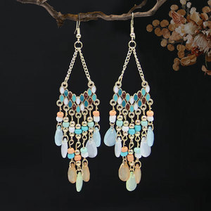Boucles d'oreilles pendantes longues à pampilles perlées en alliage de style ethnique haut de gamme pour femmes, pendentifs d'oreille bohèmes, vente en gros pour cadeau d'anniversaire - Product Image 2