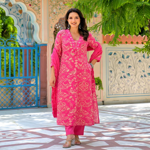 Premium Rani Pink 60x60 Cotton Digital Print Suit Set with Mirror Work <b>Kurta</b> Matching Pants and Dupatta for <b>Women</b> - Product Image 1