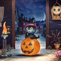 Décoration de jardin d'Halloween : Chat noir gonflable en plastique sur citrouille avec lumières LED, étanche, réutilisable, portable, pour extérieur