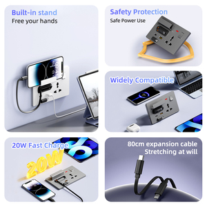 <span class=keywords><strong>Prise</strong></span> murale <span class=keywords><strong>USB</strong></span> Type-C universelle à charge rapide KSQ 20W avec câble de charge rétractable, design moderne pour <span class=keywords><strong>PC</strong></span>, interrupteurs et prises domestiques 2 - Product Image 2