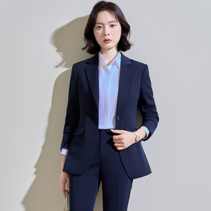 Women's Navy Blue Suit Set Polyester Worsted Full Sleeve Anti-Wrinkle Elegant Spring Workwear Formal Outfit - Product Image 1