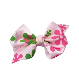 Gordon Ribbons Custom Printed Flower Ribbon Bows Pink Hairpin Hand Made Floral Satin Ribbon Bow With Clip For Hair Decoration