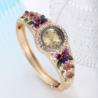 Jam Tangan Gelang Wanita Mewah Elegan Rose Gold Bunga Bangle Jam Tangan Wanita Berlian Imitasi Jam Montre Femme Relojs Saati