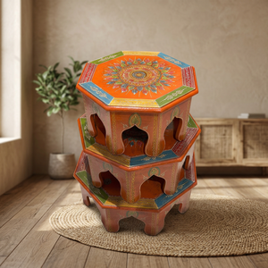 Traditional Hand-Painted Art Deco Wooden Bajot <b>Set</b> <b>of</b> <b>3</b> Round Low Stool <b>Nesting</b> <b>Tables</b> for Tabletop Home & Decor - Product Image 3