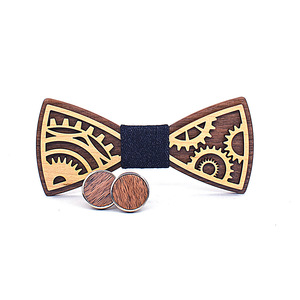 Nœud <span class=keywords><strong>papillon</strong></span> vintage pour homme en <span class=keywords><strong>bois</strong></span> <span class=keywords><strong>sculpté</strong></span> ajouré, rétro, en polyester, couleur unie, haute qualité, avec ensemble de boutons de manchette - Product Image 2