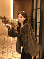 Manteau d'hiver en fausse fourrure pour femme, simple boutonnage, chaud et doux, élégant, coupe ample, couleur unie marron beige, en fourrure de lapin artificielle