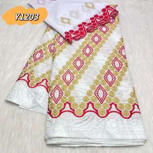 Haute qualité 100% coton africain riche Bazin dentelle ensemble bleu marine couleur Guniea <span class=keywords><strong>brocart</strong></span> 5 Yards + 2 Bazin dentelle Inmyshop - Product Image 1