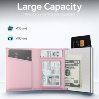 Portefeuille intelligent rose de luxe tendance avec AirTags intégrés, porte-cartes en métal aluminium, porte-monnaie fin anti-RFID à ouverture pop-up, portefeuille à trois volets pour femmes