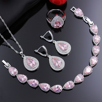 4 unidades luxo rosa pedra forma cz conjunto de joias, colar brinco pulseira conjunto de anel para mulheres casamento noivado jóias