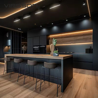 Meuble de cuisine modulaire laqué, écologique, moderne, avec éclairage LED, sans poignée, en marbre, avec panier de rangement pour usage commercial