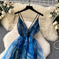 Robe Longue d'Été Mode Balnéaire Imprimé Floral Bleu Personnalisé Dos Nu à Bretelles à Nouer Coupe Sexy Évasée en Organza Doux pour Femme