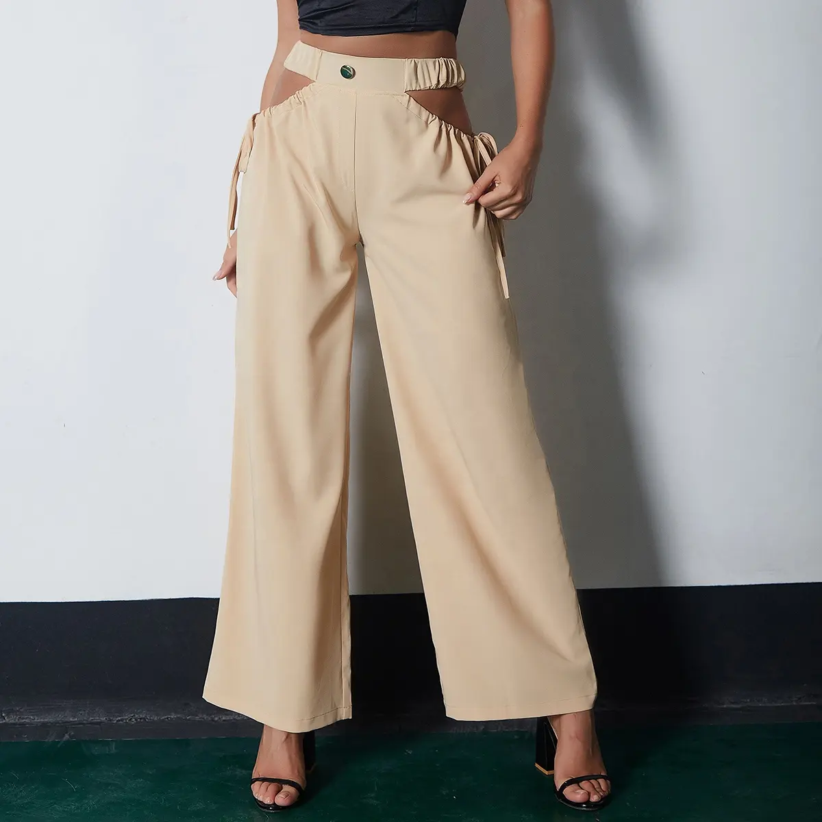 Lady Wide Leg Pants Hollow-Carved Waist design Formal Harem Palazzo Pants Long Wide Leg Loose Cargo Trousers for Leisure work