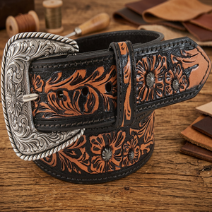 Personalized Floral Pattern Embossed Handmade Western Leather <b>Tooling</b> <b>Belt</b> for Unisex with Classic Designer Western Buckle - Product Image 1