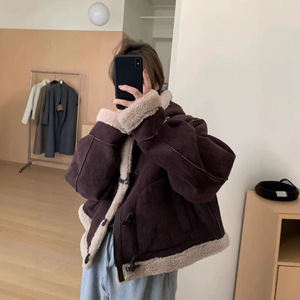 Women's Hooded Shearling Coat Dark Brown Short Style Winter Warm Faux Fur Jacket Loose Fit With Horn Buttons - Product Image 3