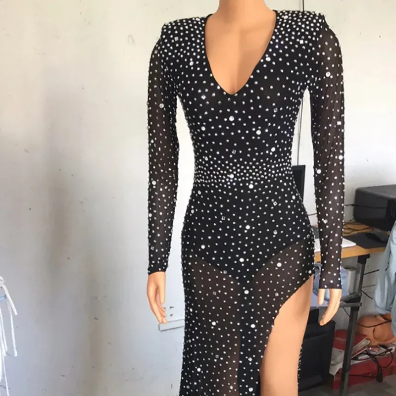 Vestido de renda longo com contas de cristal e glitter, vestido elegante e elegante para baile de formatura, vestido maxi de manga comprida