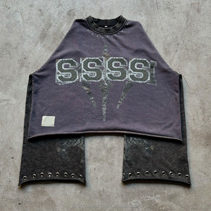 <span class=keywords><strong>T</strong></span>-<span class=keywords><strong>shirt</strong></span> da uomo in cotone pesante su misura con orlo grezzo e ritagliato Hip Hop in metallo con rivetto in pietra e magliette <span class=keywords><strong>Vintage</strong></span> a maniche lunghe da uomo - Product Image 2