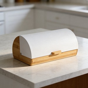 Caja de pan de bambú con tapa abatible, contenedor de almacenamiento para alimentos y refrigerios en la cocina - Product Image 1
