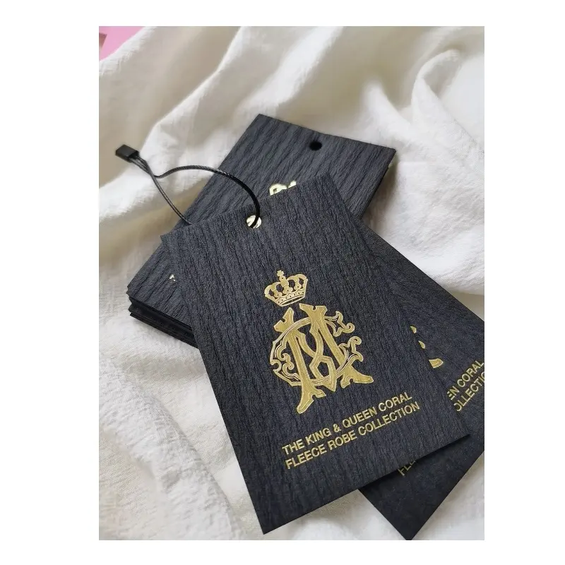 Custom Private Design Black clothing hang tag labels Embossing Paper Tags Hot Stamping Gold Foil Hangtag for Clothing
