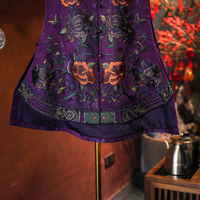 Nouvelle Robe Femme Personnalisée Style Chinois, Col Montant, Broderie Lourde, en Soie de Mûrier Ancienne Satinée, Ample, Violet, Coupe Irrégulière 4015