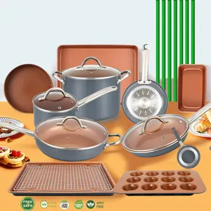 Ustensiles de cuisine en céramique à revêtement antiadhésif avec poignée en acier inoxydable, cuisson à Induction en cuivre