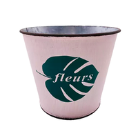 Pot de fleurs vintage rose en métal galvanisé, seau à plantes en fer avec motif feuille de Monstera et impression française « Fleurs » pour la décoration de la maison et du jardin