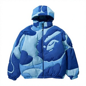 Men's Blue Camouflage Puffer <b>Jacket</b> Hooded Windproof Thick Winter Casual Zipper Closure Loose Fit Polyester Shell - Product Image 1