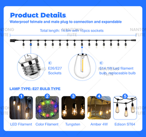 Guirlande lumineuse décorative S14 blanc chaud 10m 15m 20m intérieur extérieur fête LED guirlande lumineuse à boules suspendues ampoules guirlande lumineuse de vacances - Product Image 5