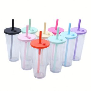 Vaso de Plástico Transparente Reutilizable de 710 ml con Logotipo Personalizado, Tapa de Color y Pajita, para Bebidas Deportivas al Aire Libre - Product Image 1