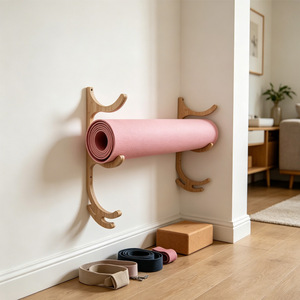 Wood Wall Mounted Yoga Mat Rack Corner Design Punch Free Storage Organizer For <b>Home</b> Gym Use - Product Image 1