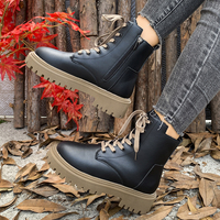 Bottes de combat à plateforme pour femmes, noires, à lacets, avec fermeture éclair latérale, doublure en polaire, semelle épaisse, chaussures tendance automne-hiver